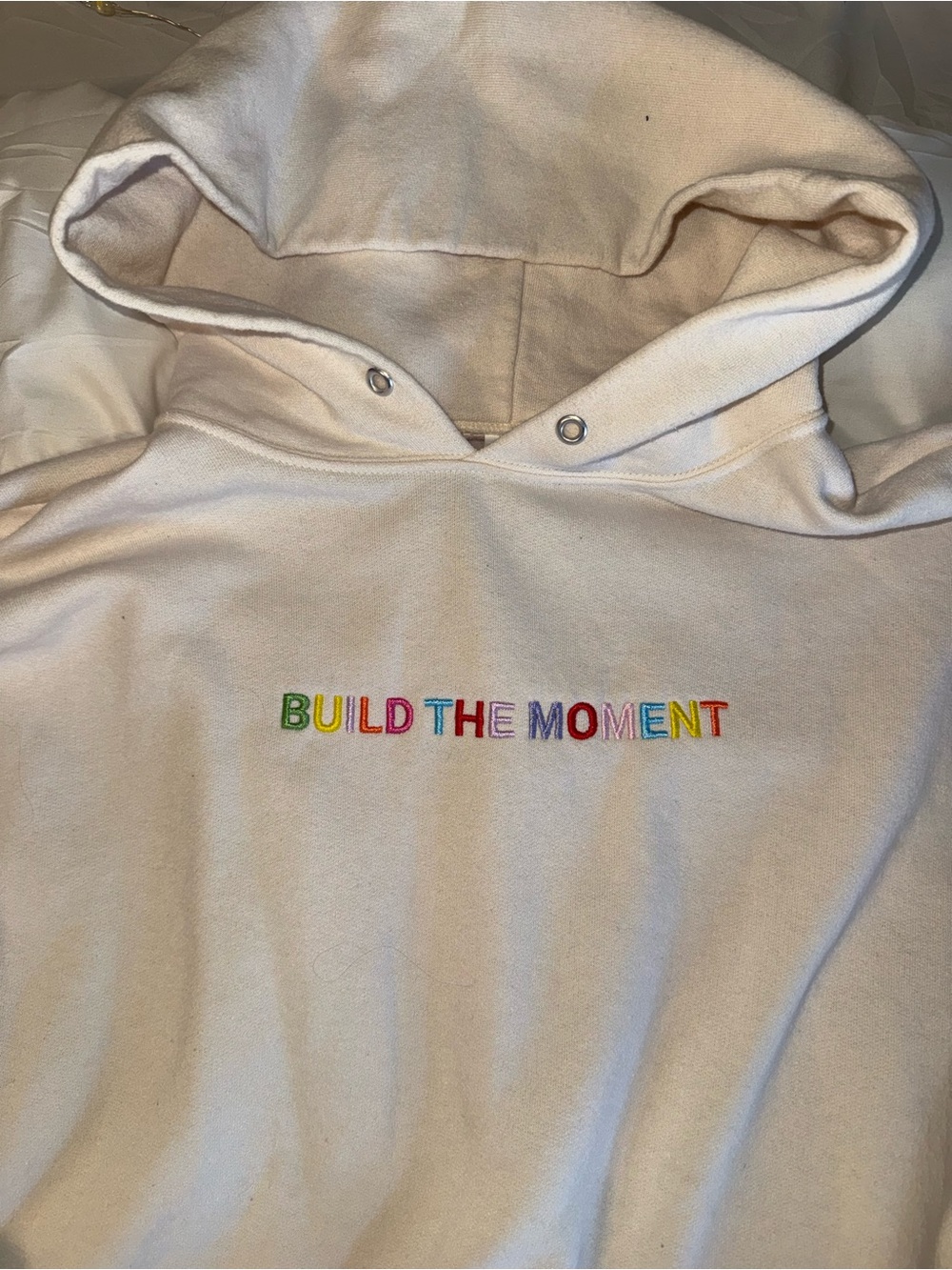 Cream White “Build the Moment” Hoodie with Multicolor Embroidery